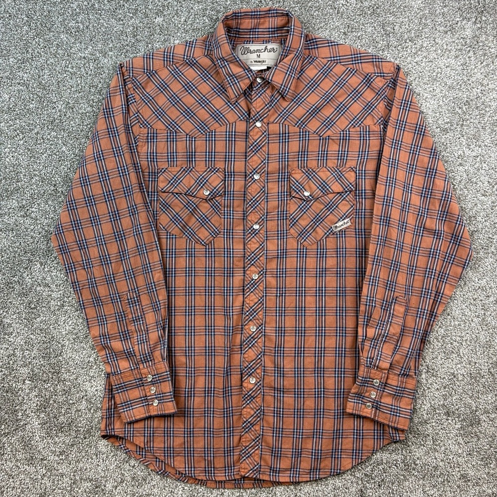 Wrangler Wrancher Shirt Mens Medium Orange‎ Plaid Long Sleeve Pockets Pearl Snap